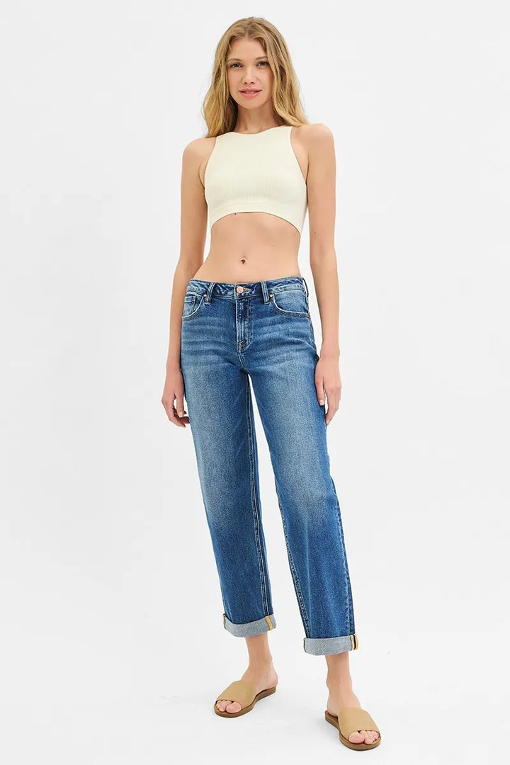 RISEN Full Size Mid Rise Boyfriend Roll Up Jeans Plus Size Jeans