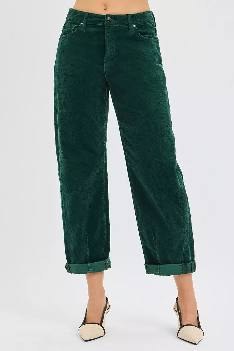 HUNTER GREEN RISEN High Rise Crop Barrel Cordurory Pants | Pants Daverri Fashions
