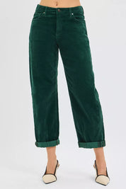 HUNTER GREEN RISEN High Rise Crop Barrel Cordurory Pants | Pants Daverri Fashions