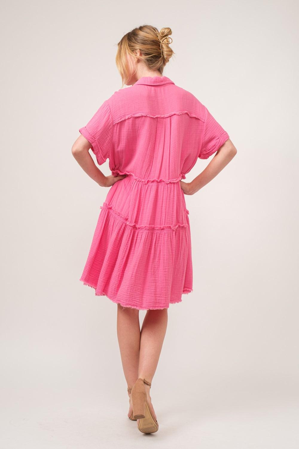 And The Why Full Size Raw Edge Washed Tiered Shirt Dress | Daverri Fashions