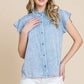 Lime 'N' Chili Mineral Wash Flutter Sleeve Button Down Shirt