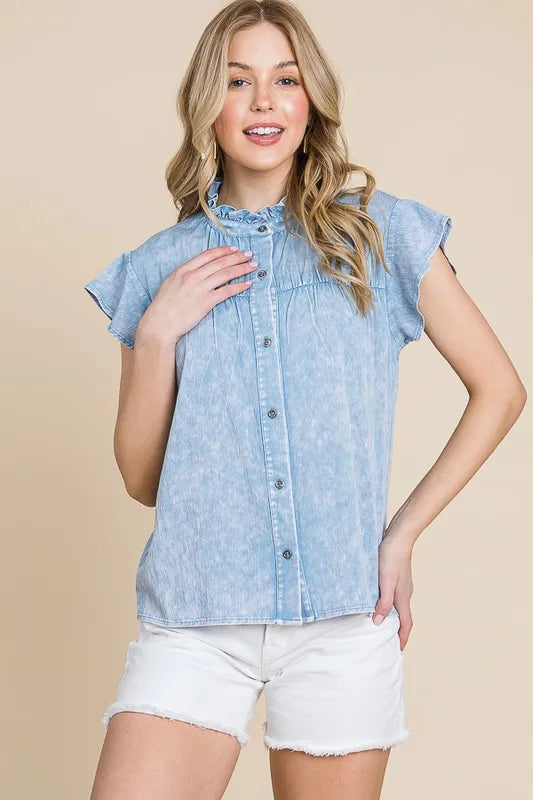 Lime 'N' Chili Mineral Wash Flutter Sleeve Button Down Shirt