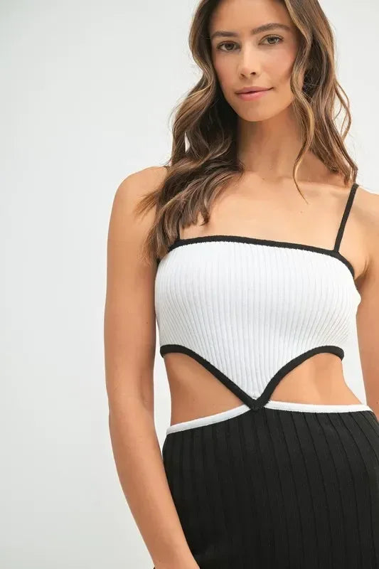 MABLE Black Ribbed Knit Color Block Cutout Midi Dress - DAVERRI FASHIONS