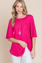 Fuchsia BOMBOM Round Neck Waffle Knit T-Shirt | T-Shirts Daverri Fashions