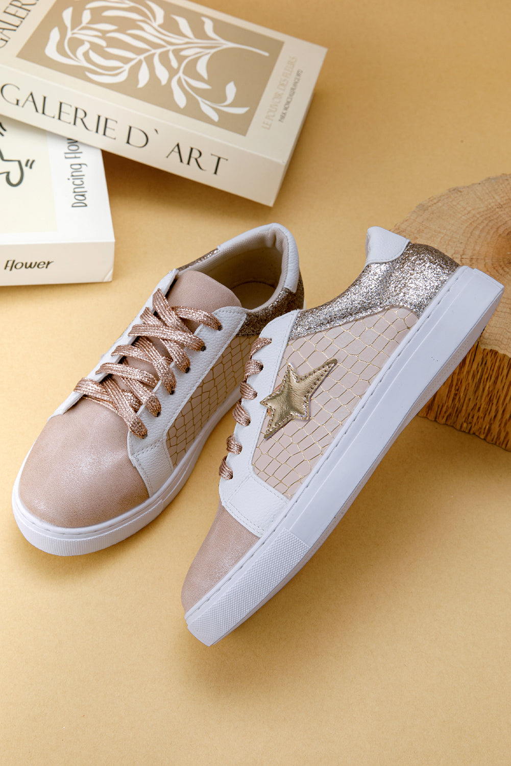 Gold Glitter Star Patchwork PU Leather Lace-up Sneakers | Sneakers Daverri Fashions