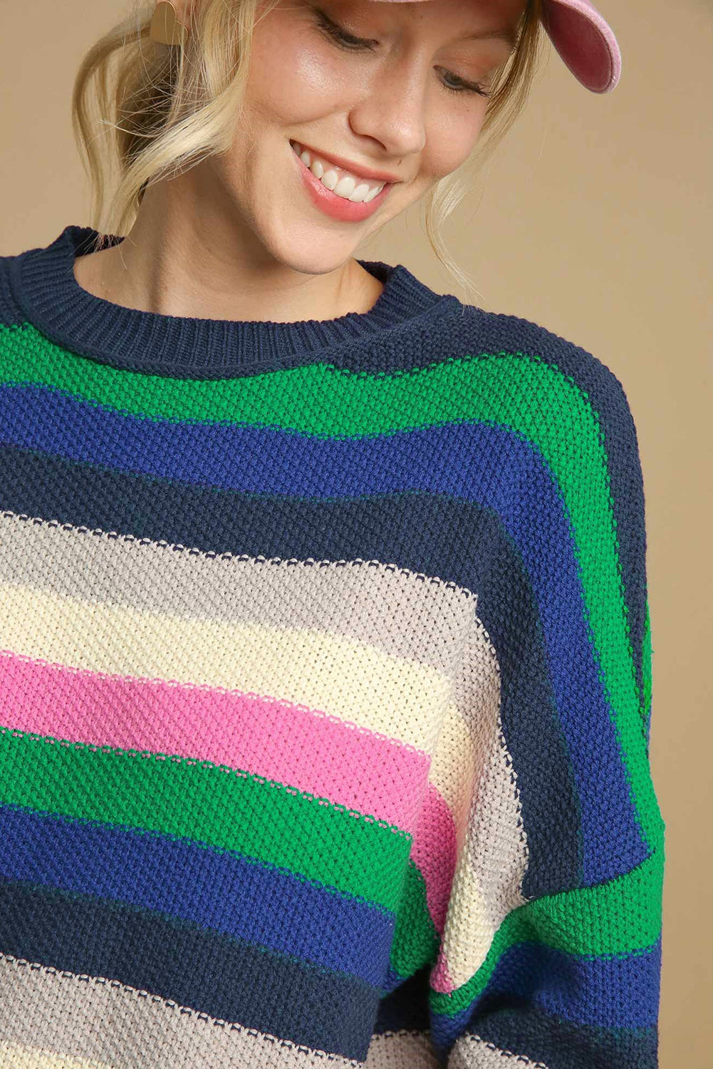 Rainbow Striped Crew Neck Drop Shoulder Sweater | Sweaters Daverri Fashions