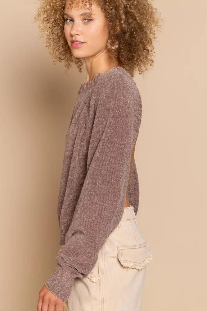 POL Round Neck Backless Sweater with Ribbed Edge | Sweaters Daverri Fashions