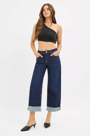 RISEN Mid Rise Fit Ankle Wide Roll Up Jeans | Jeans Daverri Fashions