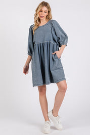 Mittoshop Washed Round Neck Puff Sleeve Denim Dress