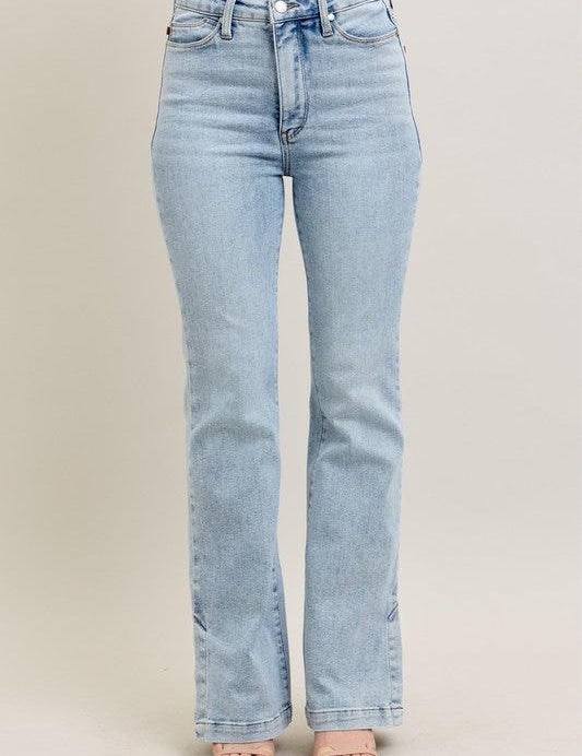 Light Judy Blue Tummy Control Vintage Wash Side Slit Slim Boot Jeans | Jeans Daverri Fashions