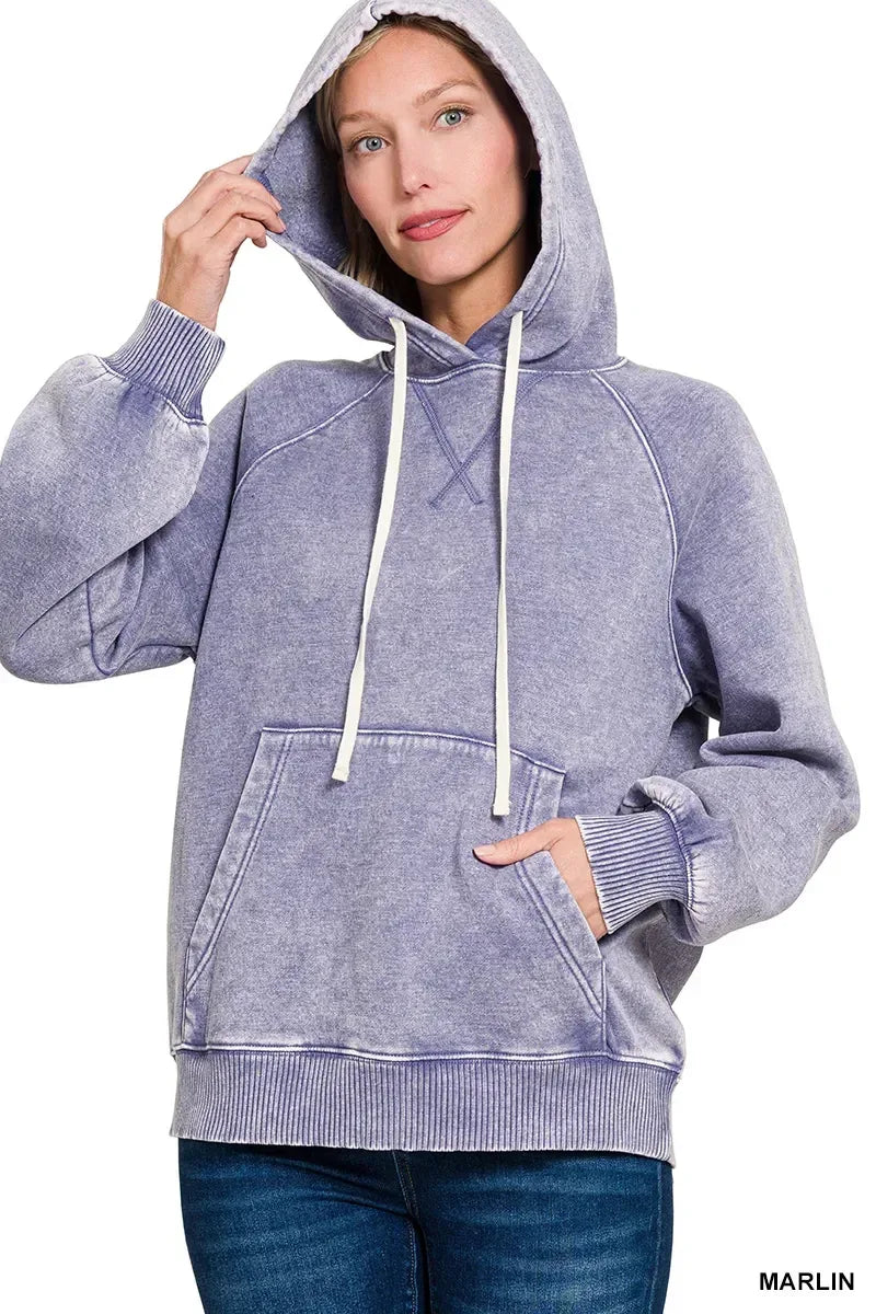 Zenana Acid Wash Fleece Hoodie with Kangaroo Pocket Marlin - DAVERRI FASHIONS