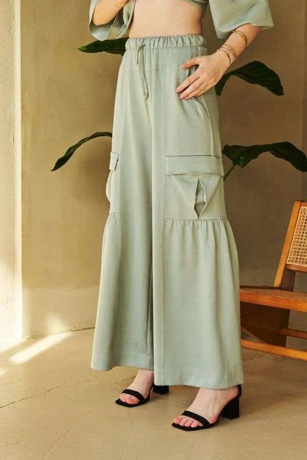 Davi & Dani Drawstring Ruched Detail Wide Leg Pants Sage Pants