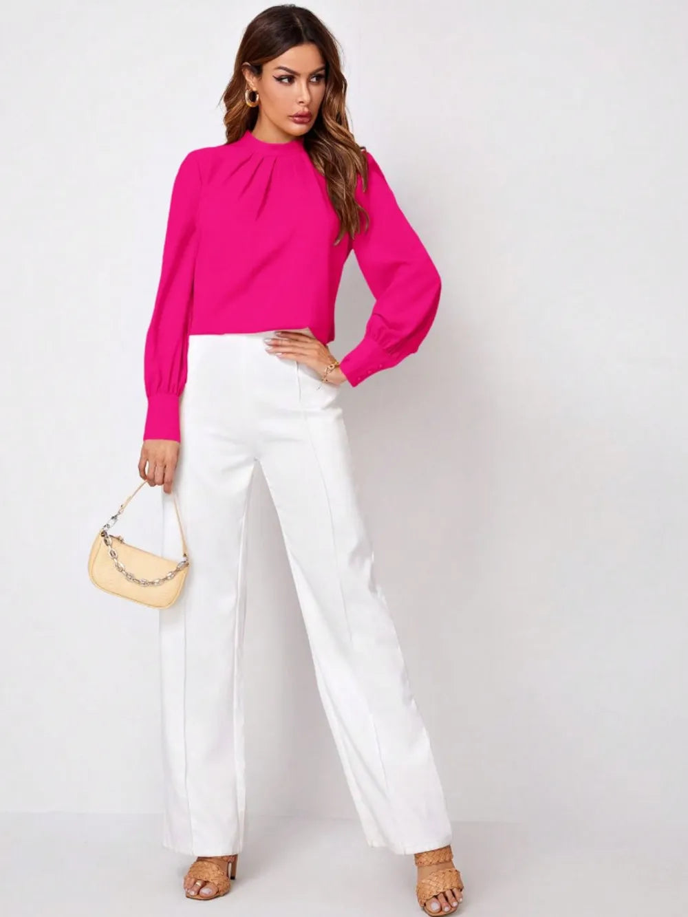 Vibrant fuchsia Ruched Mock Neck Long Sleeve Blouse