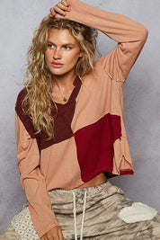 POL Color Block Notched Long Sleeve T-Shirt | T-Shirts Daverri Fashions