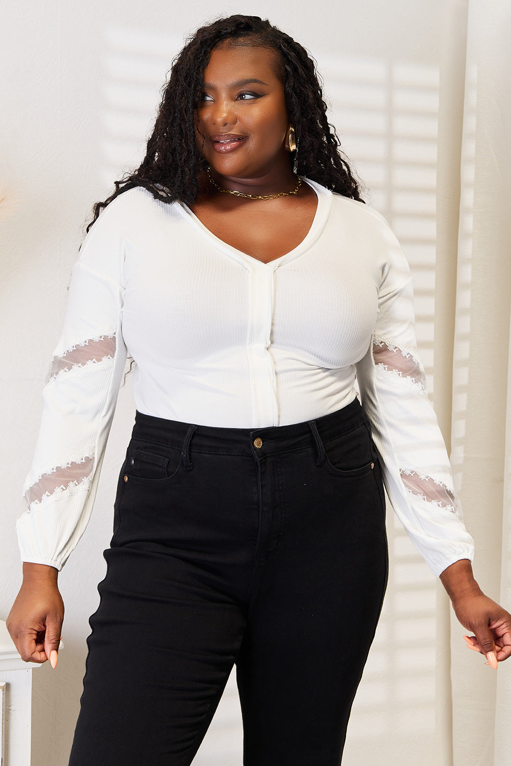 Double Take V-Neck Dropped Shoulder Blouse | Daverri Fashions