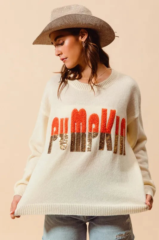 SO ME Contrast Sequin Pumpkin Slogan Sweater Top Sweaters