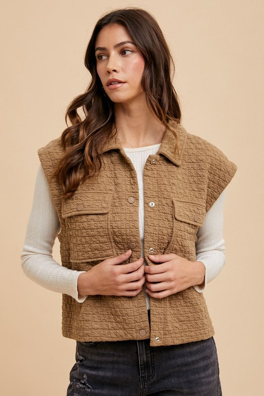 Annie Wear Puzzle Quilted Snap Down Vest Coat Tops