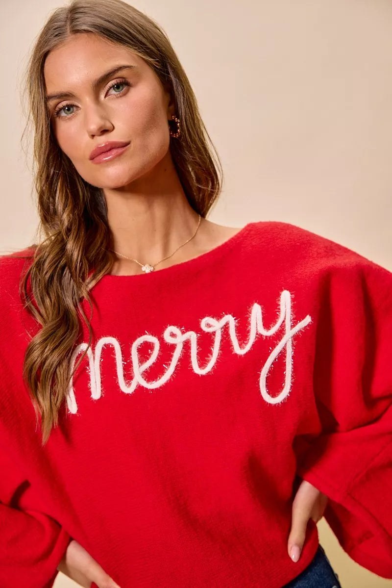 SO ME Merry Tinsel Lettering Christmas Sweater Top Red | Sweaters Daverri Fashions