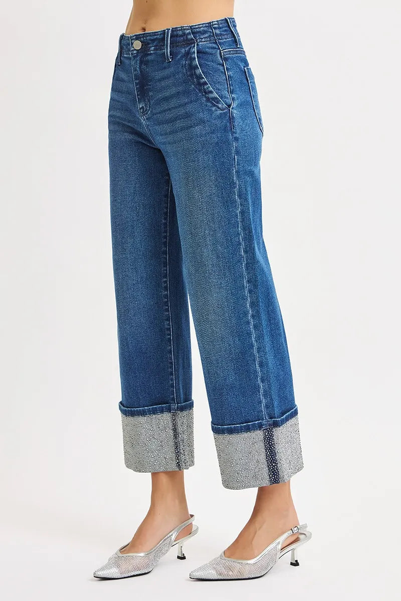 RISEN High Rise Ankle Wide Rhine Stone Cuffed Jeans | Jeans Daverri Fashions
