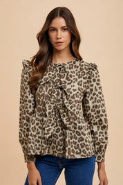 Annie Wear Tied Leopard Round Neck Peplum Blouse | Blouses Daverri Fashions