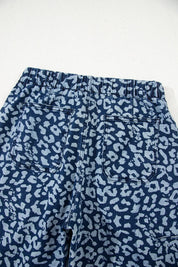 Navy blue and white leopard print wide leg jeans with elastic waistband