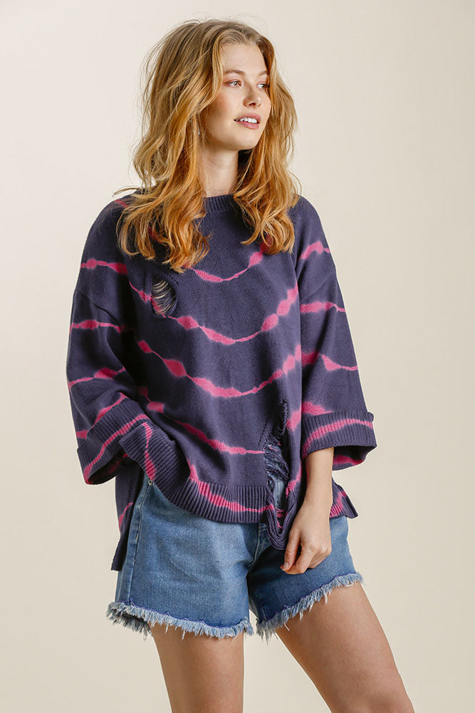 Umgee Tie Dye Side Slit Round Neck Distressed Detail Sweater NAVY FUCHSIA Sweaters