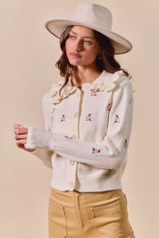 SO ME Collared Floral Embroidered Button Down Sweater Cardigan | Cardigans Daverri Fashions