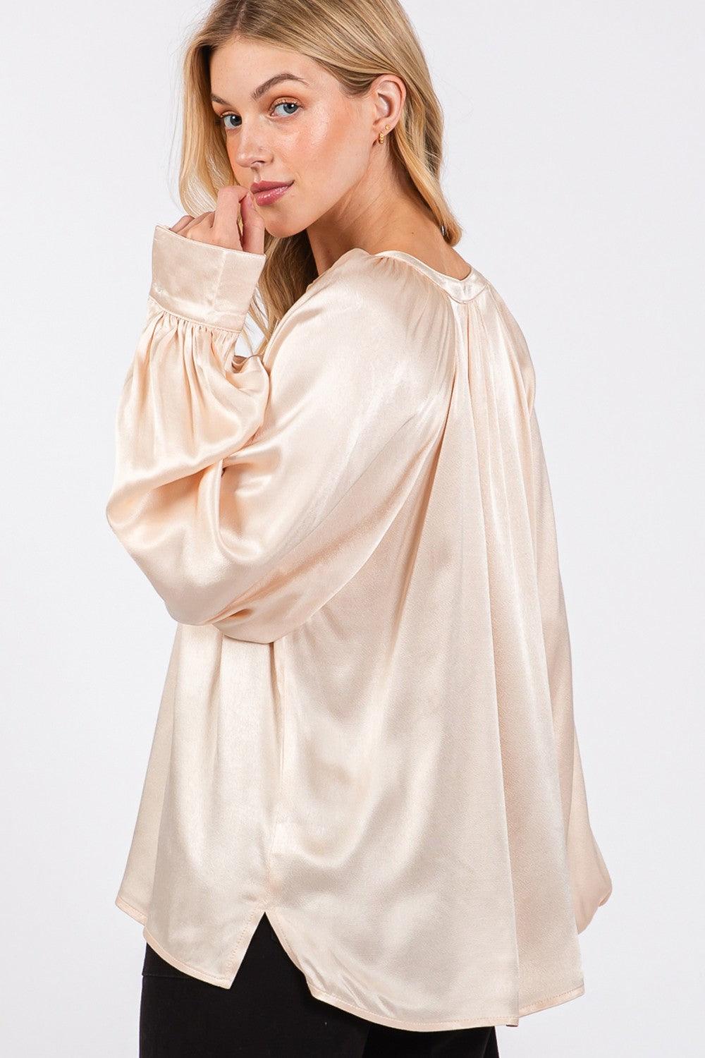 SAGE + FIG Notched Long Sleeve Blouse Blouses