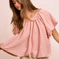 BiBi Stripes soft pink textured cotton blouse with shirred neckline and flutter sleeves