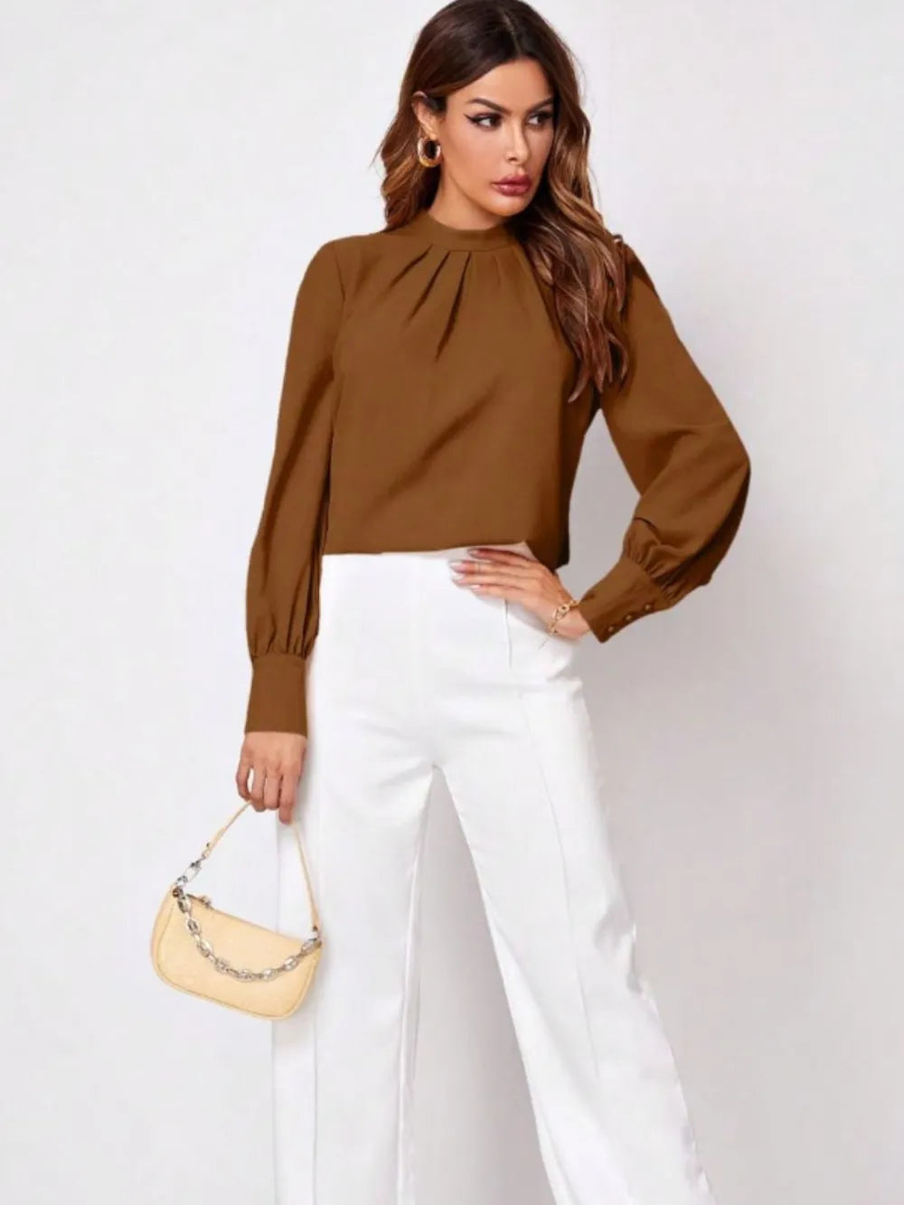 Tan ruched mock neck long sleeve blouse with gathered collar