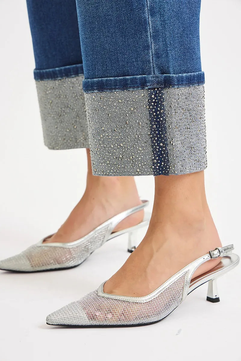 RISEN High Rise Ankle Wide Rhine Stone Cuffed Jeans | Jeans Daverri Fashions