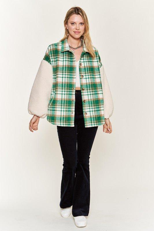 Jade by Jane Plaid Teddy Sleeve Shacket Shackets