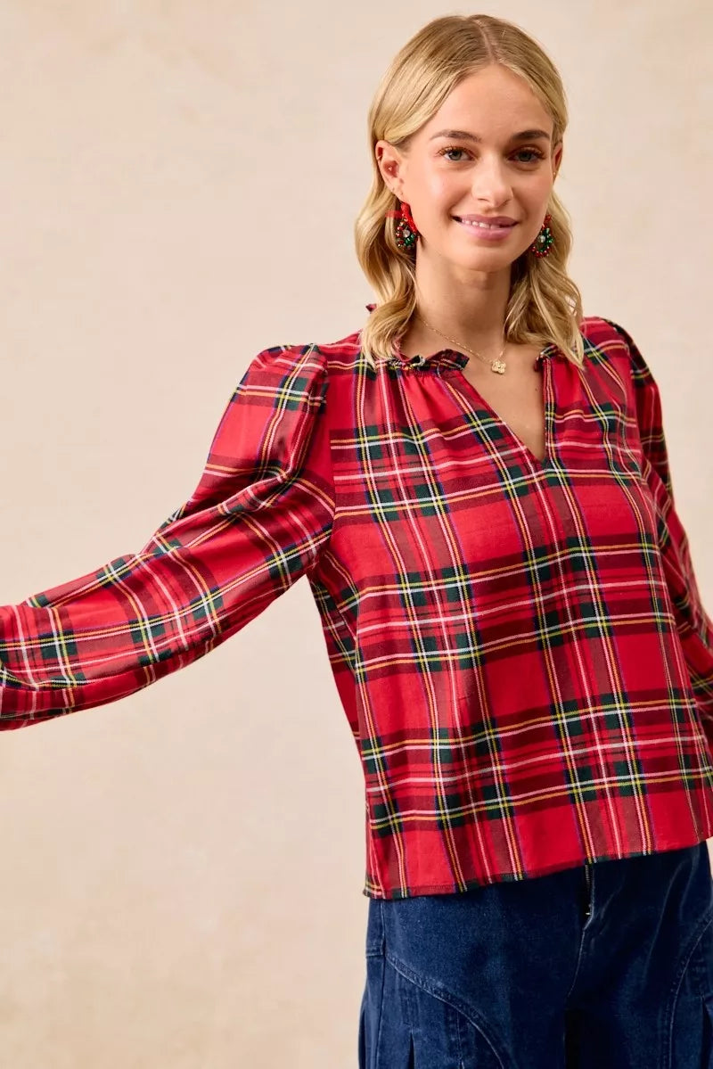 BiBi Christmas Plaid Balloon Sleeves Ruffled V-Neck Top | Daverri Fashions