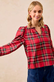 BiBi Christmas Plaid Balloon Sleeves Ruffled V-Neck Top | Daverri Fashions