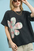 Black Umgee Ash mineral wash French terry top with pastel patchwork flowers