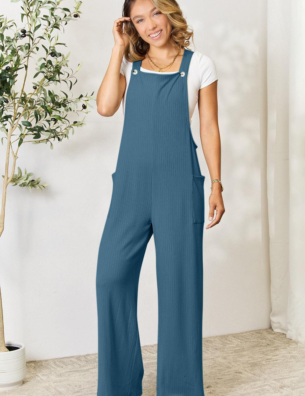 French Blue S Double Take Full Size Wide Strap Overall with Pockets | Overalls Daverri Fashions