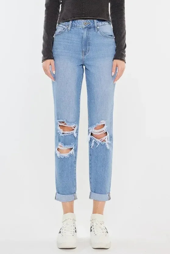 Kancan High Rise Distressed Mom Jeans - DAVERRI FASHIONS