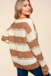 Haptics Striped Contrast Distressed Sweater | Sweaters Daverri Fashions