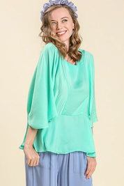 Umgee Full Size Satin Pleated Round Neck Kimono Sleeve Blouse Plus Size Blouses