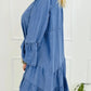 Notched flare sleeve blue denim dress with tiered ruffles