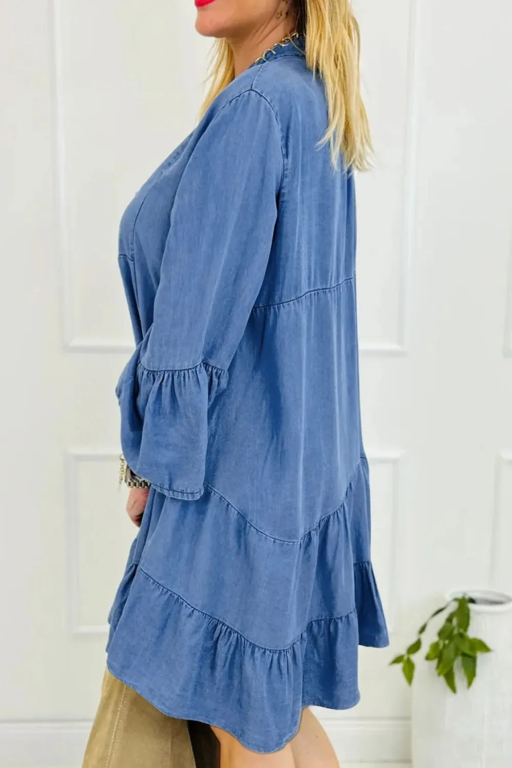 Notched flare sleeve blue denim dress with tiered ruffles