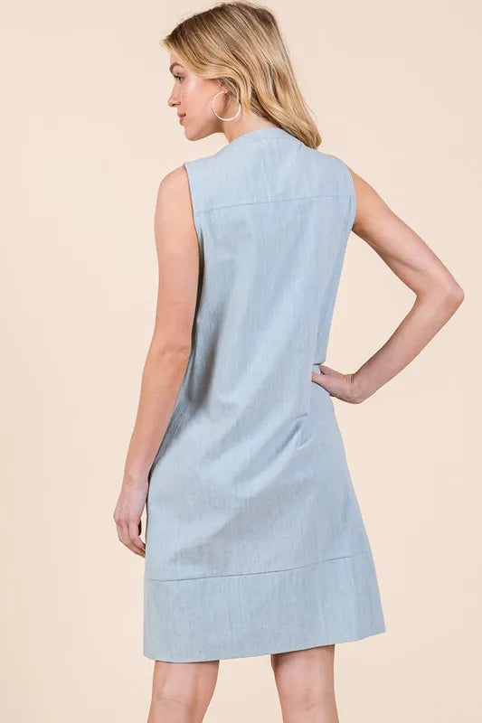 Lime N Chili sleeveless light blue cotton midi dress with pintuck pleats