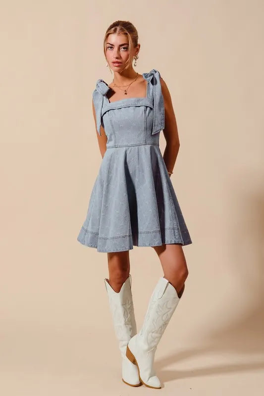 SO ME A Line Fit and Flare Diamond Bow Ribbon Denim Dres Mini Dresses
