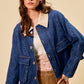 SO ME zip up and buttoned denim jacket with blue denim, cream collar, brown buttons