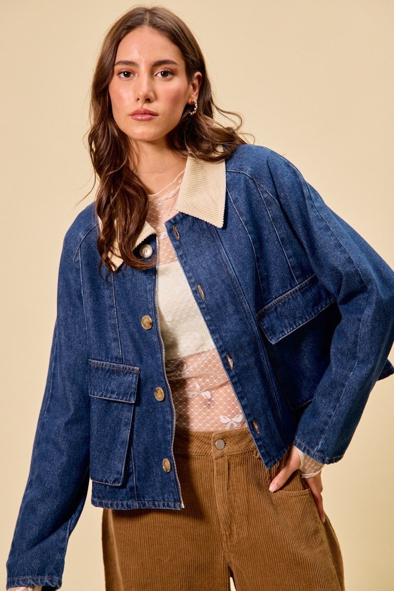 SO ME zip up and buttoned denim jacket with blue denim, cream collar, brown buttons