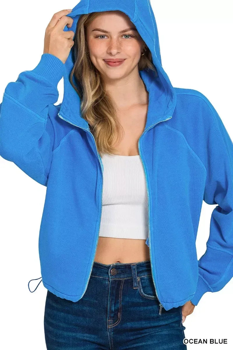 Zenana Fleece Pigment Dye Zip Up Hoodie with Pockets - DAVERRI FASHIONS