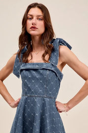 SO ME A Line Fit and Flare Diamond Bow Ribbon Denim Dres | Mini Dresses Daverri Fashions