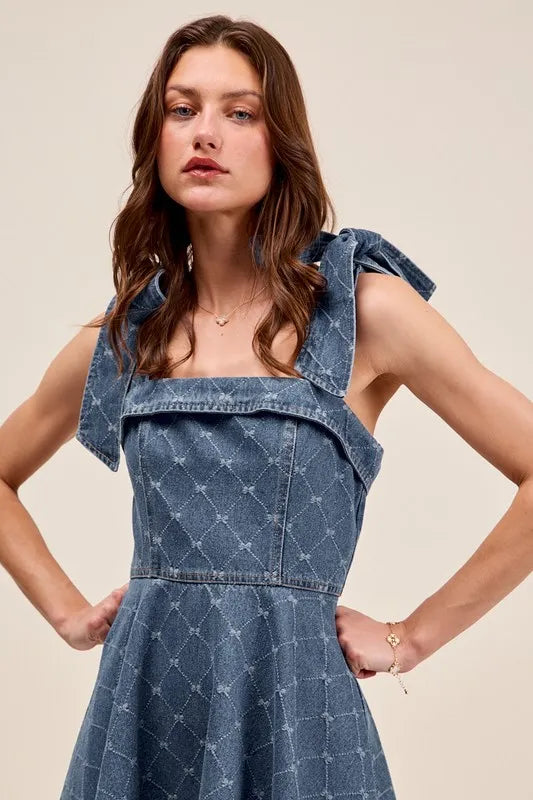 SO ME A Line Fit and Flare Diamond Bow Ribbon Denim Dres | Mini Dresses Daverri Fashions