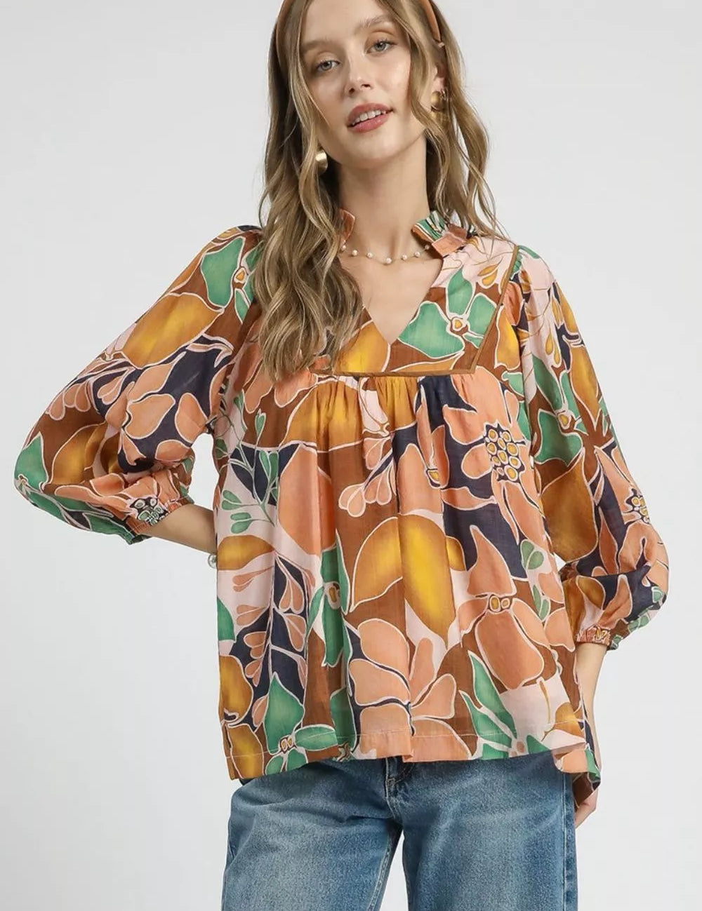 NAVY MIX Umgee Multicolor Abstract Floral Print Blouse with Ruffle Neck | Daverri Fashions