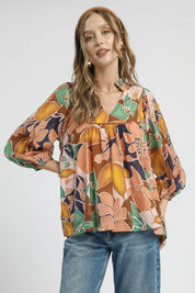NAVY MIX Umgee Multicolor Abstract Floral Print Blouse with Ruffle Neck | Daverri Fashions